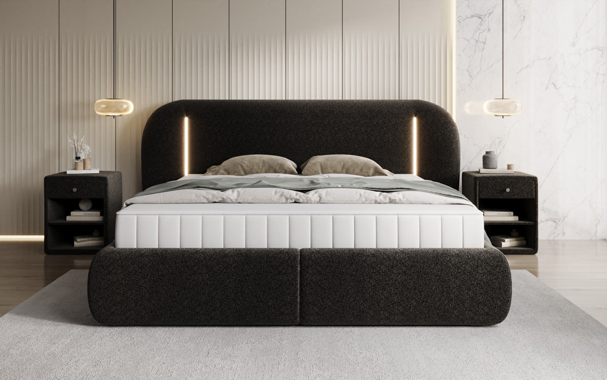 Designer-Polsterbett Momo aus Strukturstoff mat Stauraum an LED