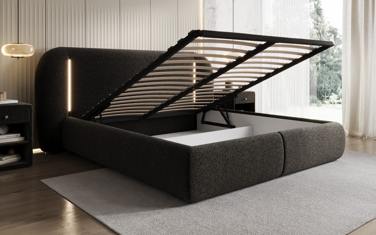 Designer-Polsterbett Momo aus Strukturstoff mat Stauraum an LED