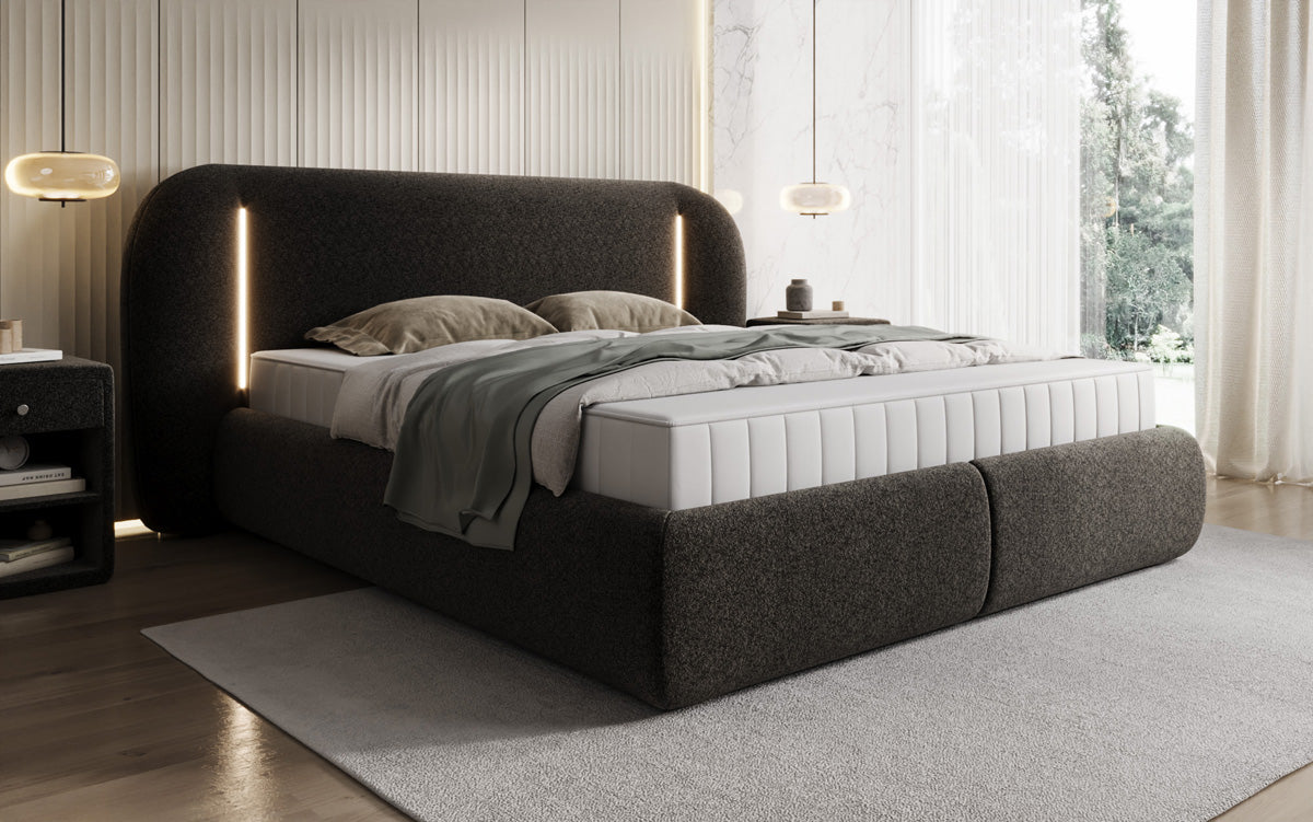 Designer-Polsterbett Momo aus Strukturstoff mat Stauraum an LED