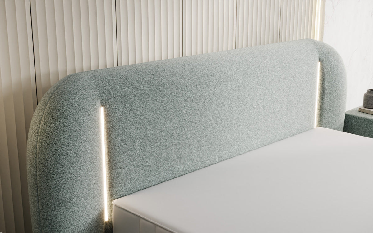 Designer-Polsterbett Momo aus Strukturstoff mat Stauraum an LED