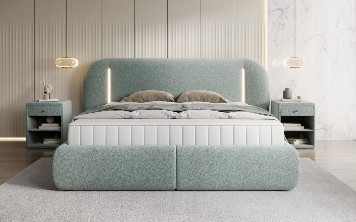 Designer-Polsterbett Momo aus Strukturstoff mat Stauraum an LED