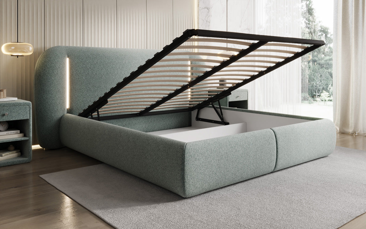Designer-Polsterbett Momo aus Strukturstoff mat Stauraum an LED