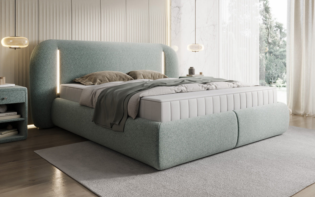 Designer-Polsterbett Momo aus Strukturstoff mat Stauraum an LED