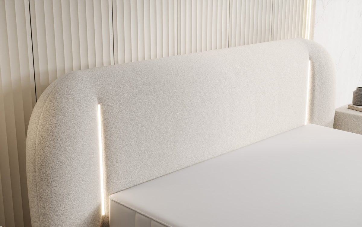 Designer-Polsterbett Momo aus Strukturstoff mat Stauraum an LED