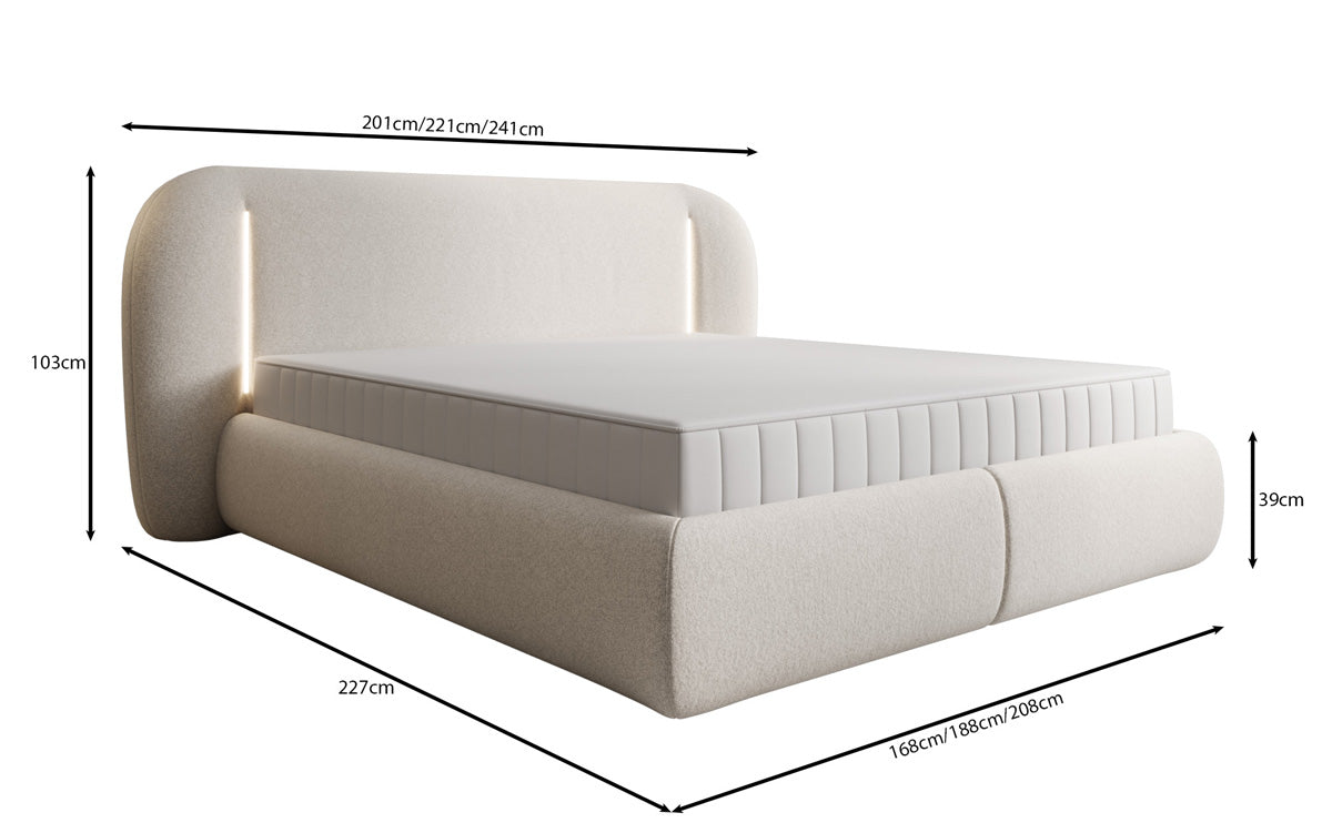 Designer-Polsterbett Momo aus Strukturstoff mat Stauraum an LED