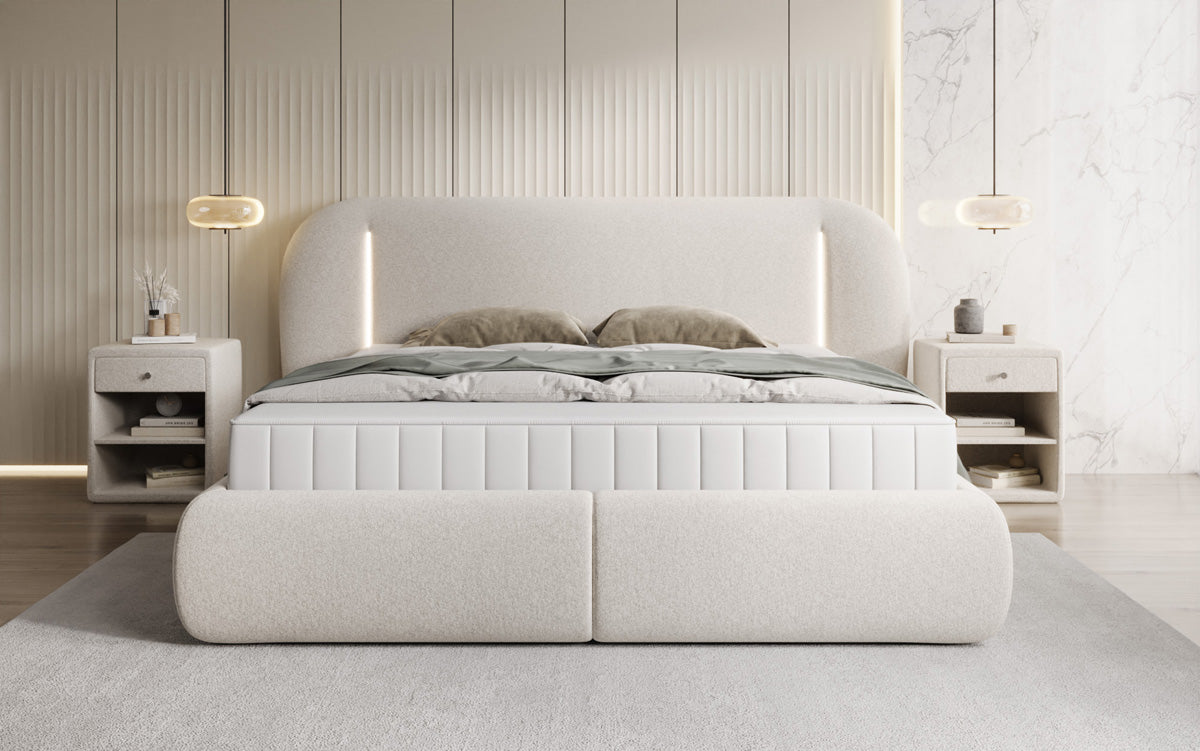 Designer-Polsterbett Momo aus Strukturstoff mat Stauraum an LED