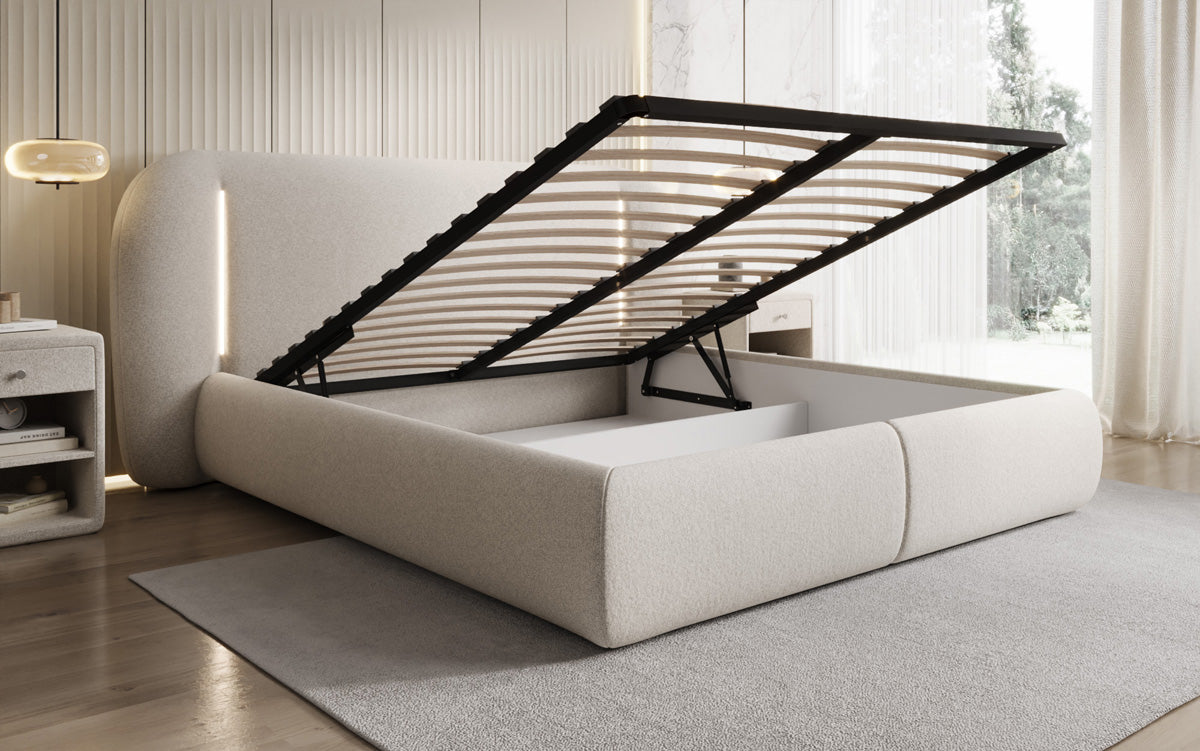 Designer-Polsterbett Momo aus Strukturstoff mat Stauraum an LED