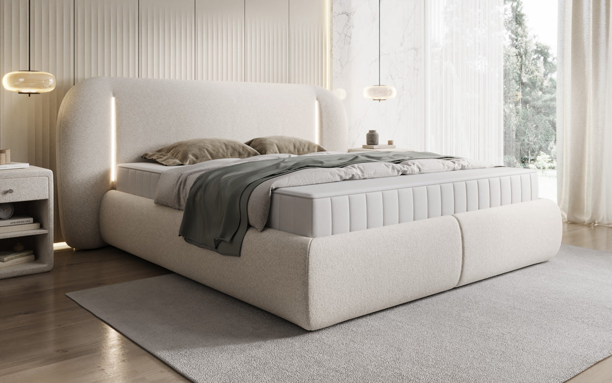 Designer-Polsterbett Momo aus Strukturstoff mat Stauraum an LED