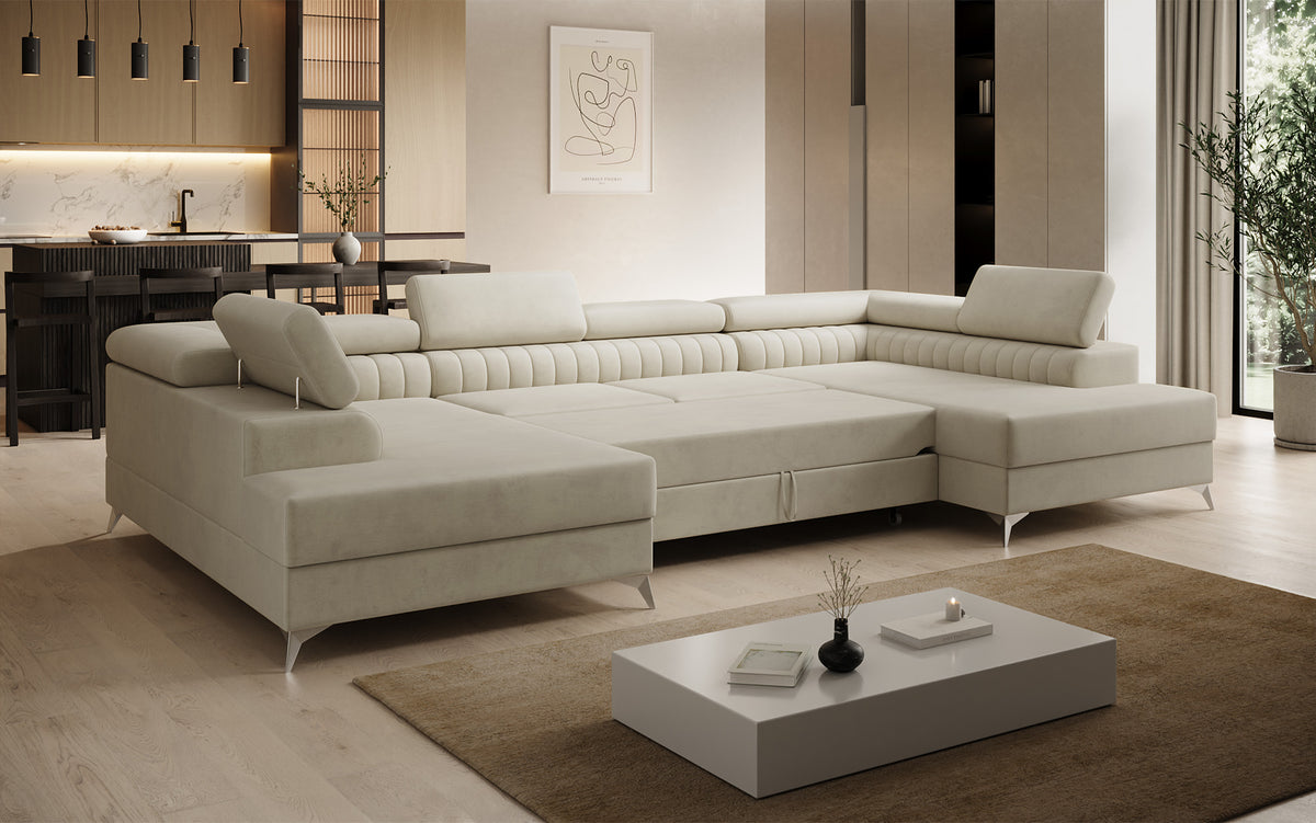 Canapé design Aurea U avec fonction lit et rabattable en velours