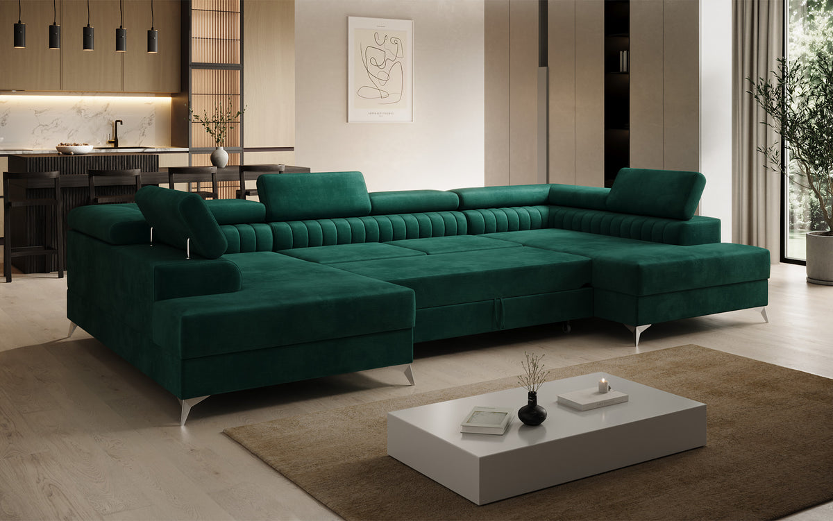 Canapé design Aurea U avec fonction lit et rabattable en velours