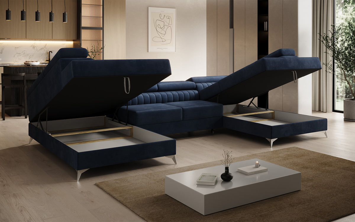 Canapé design Aurea U avec fonction lit et rabattable en velours