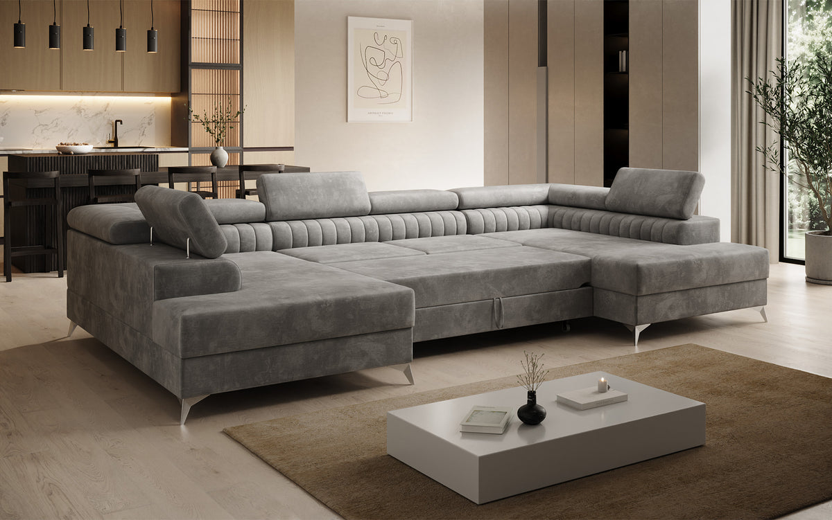 Canapé design Aurea U avec fonction lit et rabattable en velours