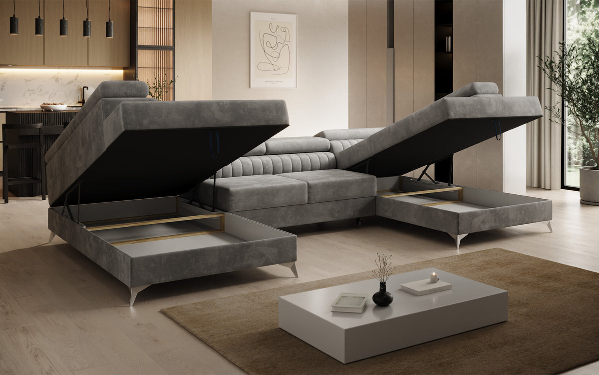 Canapé design Aurea U avec fonction lit et rabattable en velours