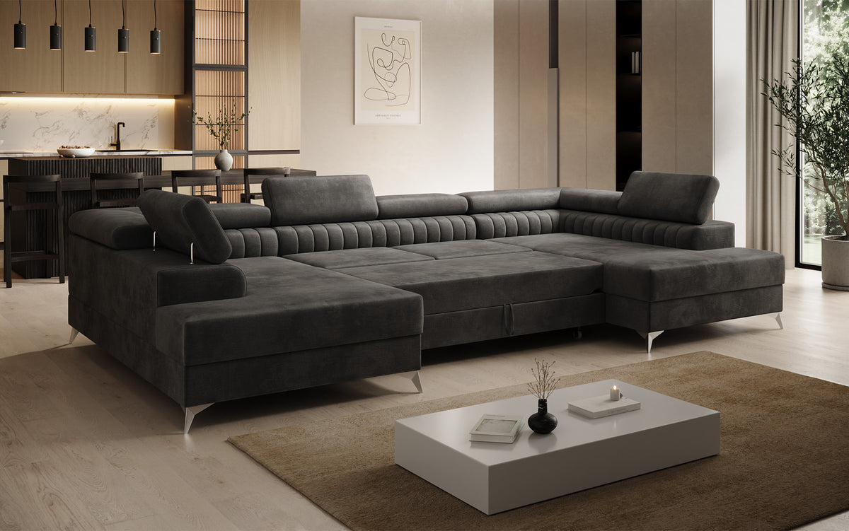 Canapé design Aurea U avec fonction lit et rabattable en velours