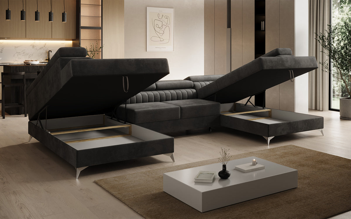 Canapé design Aurea U avec fonction lit et rabattable en velours