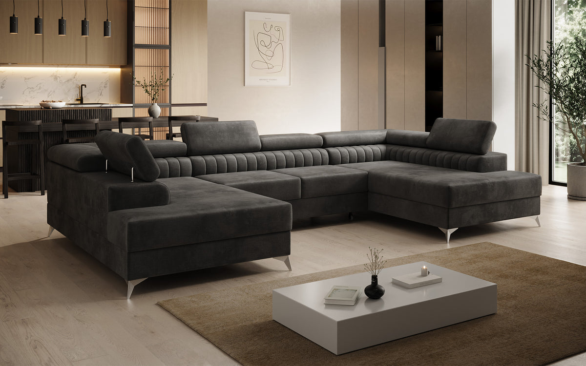 Canapé design Aurea U avec fonction lit et rabattable en velours