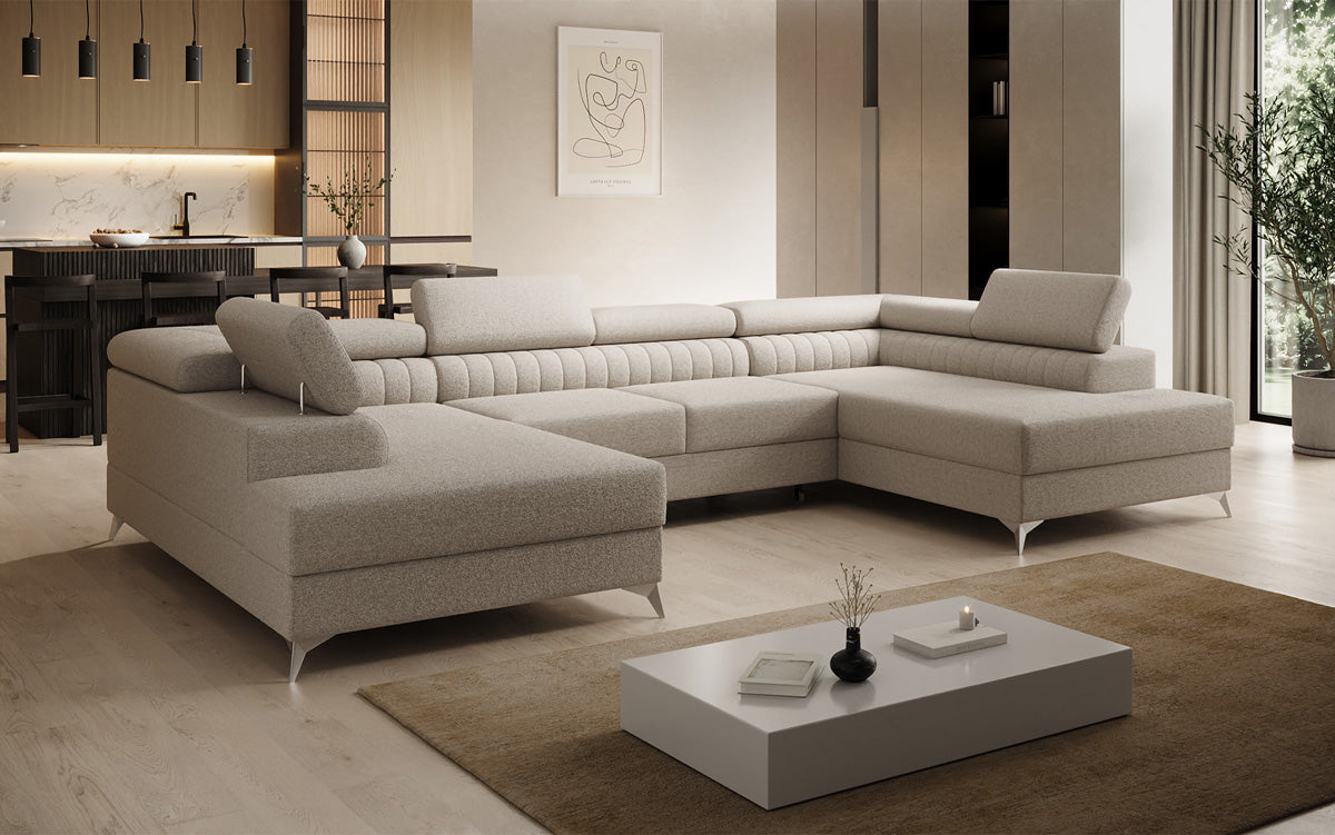 Designer Sofa Aurea U mat Schloof- an Zouschloof-Funktioun a Bouclé