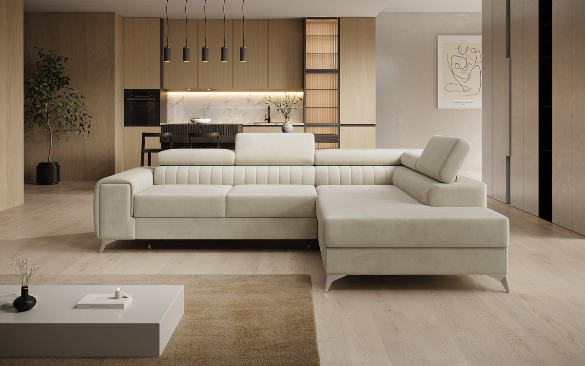 Canapé d’angle design Aurea avec fonction couchage et fonction rabattable en Velours