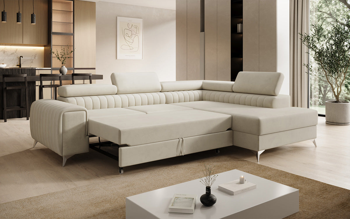 Canapé d’angle design Aurea avec fonction couchage et fonction rabattable en Velours