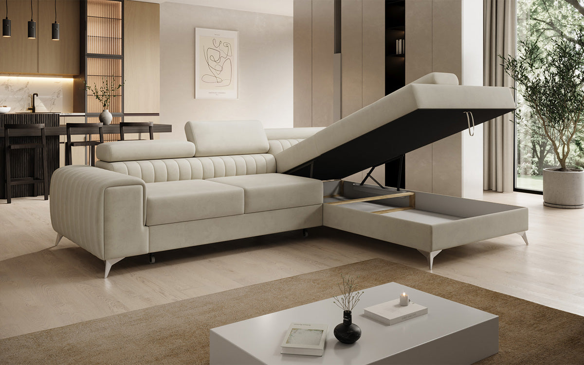 Canapé d’angle design Aurea avec fonction couchage et fonction rabattable en Velours