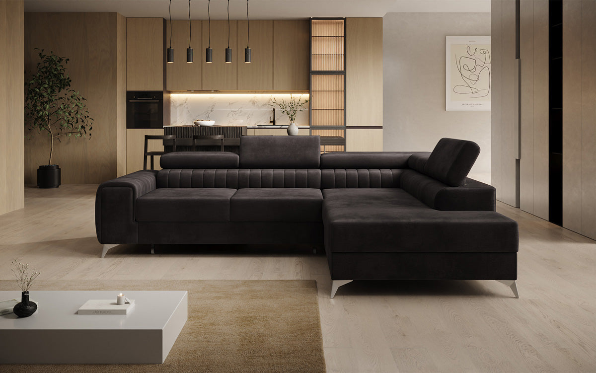 Canapé d’angle design Aurea avec fonction couchage et fonction rabattable en Velours
