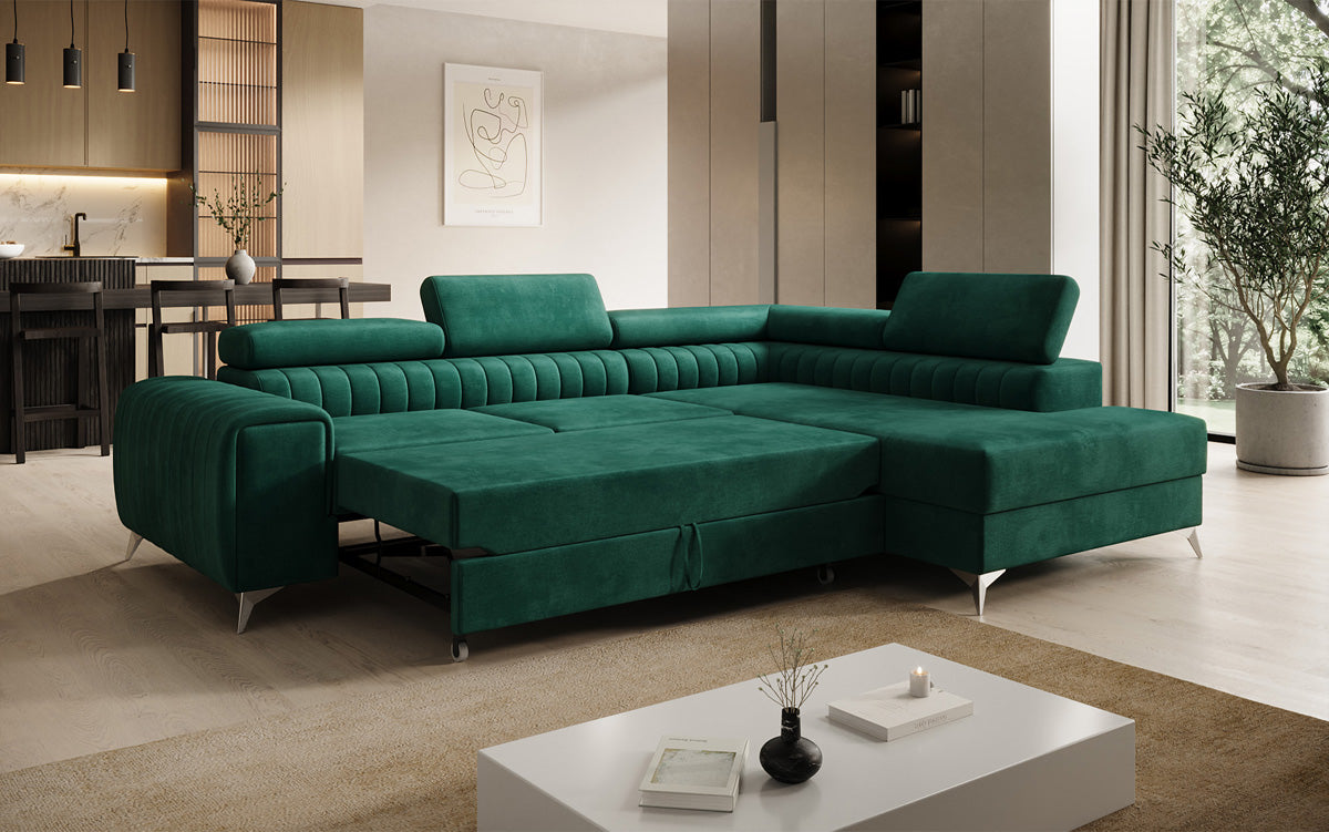 Canapé d’angle design Aurea avec fonction couchage et fonction rabattable en Velours