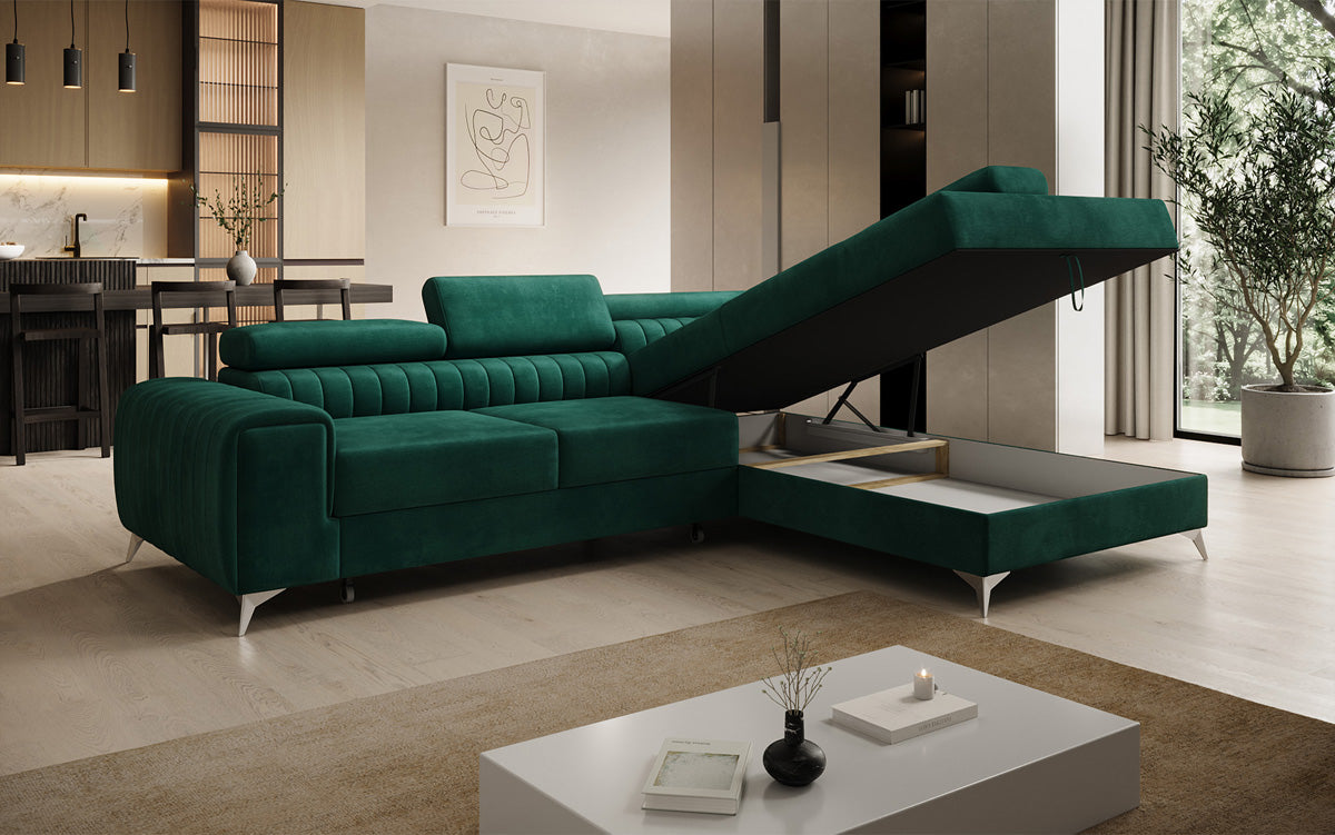 Canapé d’angle design Aurea avec fonction couchage et fonction rabattable en Velours