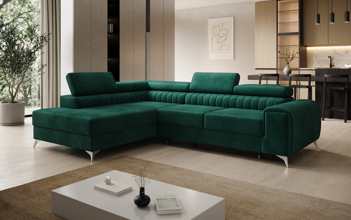 Canapé d’angle design Aurea avec fonction couchage et fonction rabattable en Velours
