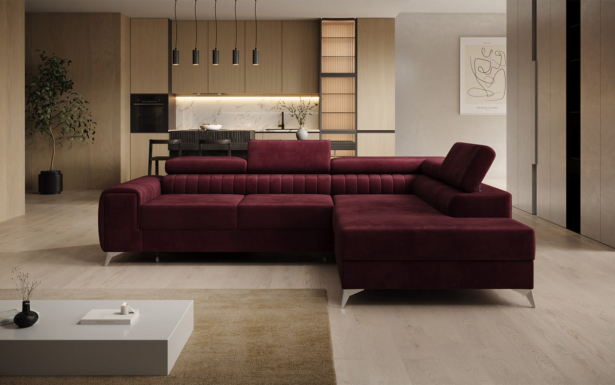 Canapé d’angle design Aurea avec fonction couchage et fonction rabattable en Velours
