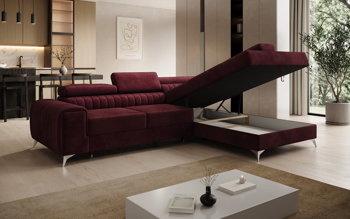 Canapé d’angle design Aurea avec fonction couchage et fonction rabattable en Velours
