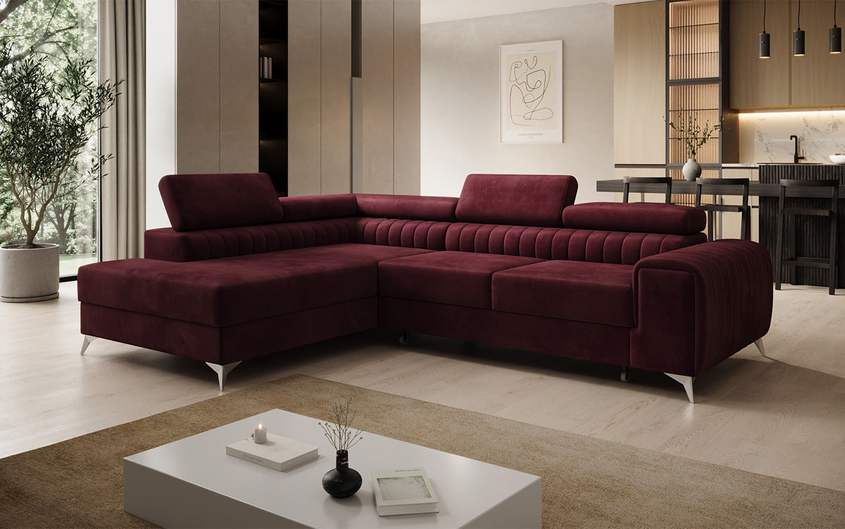 Canapé d’angle design Aurea avec fonction couchage et fonction rabattable en Velours