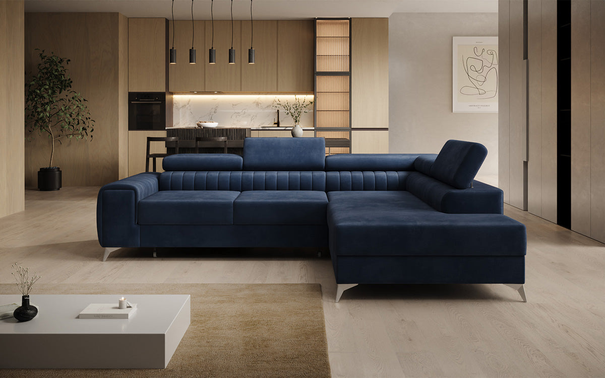 Canapé d’angle design Aurea avec fonction couchage et fonction rabattable en Velours