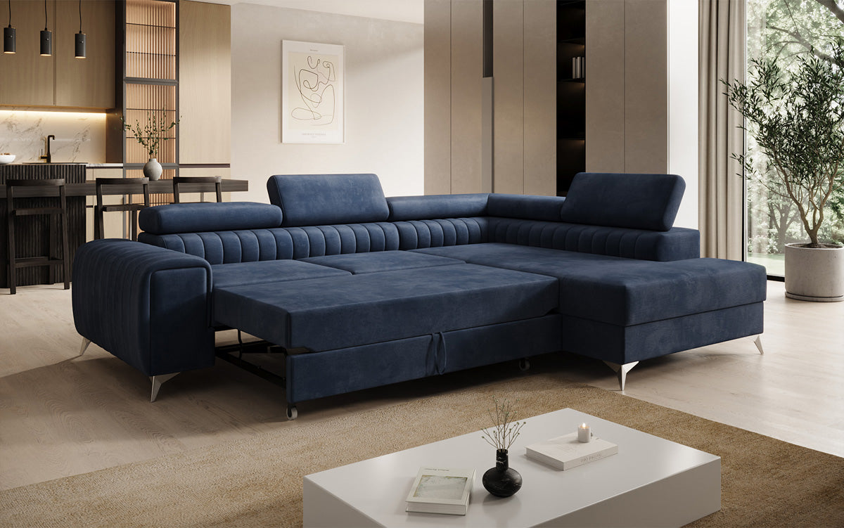 Canapé d’angle design Aurea avec fonction couchage et fonction rabattable en Velours