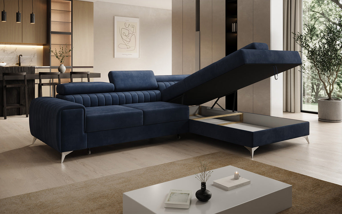 Canapé d’angle design Aurea avec fonction couchage et fonction rabattable en Velours