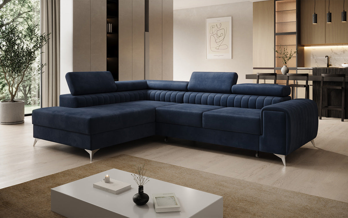 Canapé d’angle design Aurea avec fonction couchage et fonction rabattable en Velours