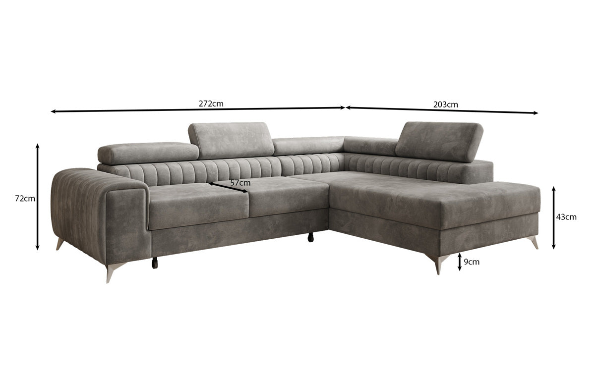 Canapé d’angle design Aurea avec fonction couchage et fonction rabattable en Velours