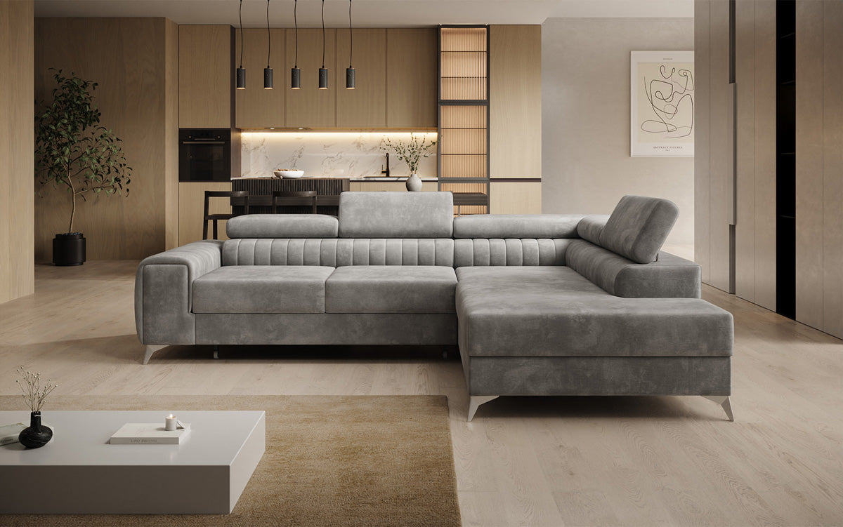 Canapé d’angle design Aurea avec fonction couchage et fonction rabattable en Velours