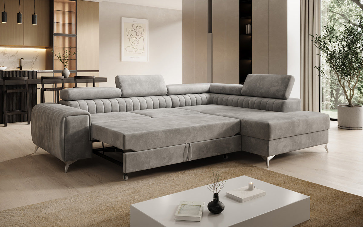 Canapé d’angle design Aurea avec fonction couchage et fonction rabattable en Velours