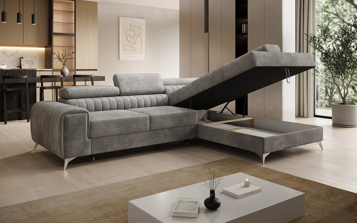 Canapé d’angle design Aurea avec fonction couchage et fonction rabattable en Velours