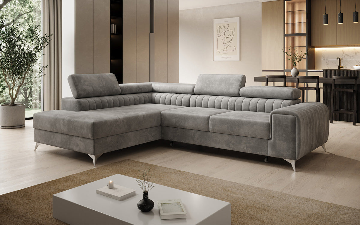 Canapé d’angle design Aurea avec fonction couchage et fonction rabattable en Velours