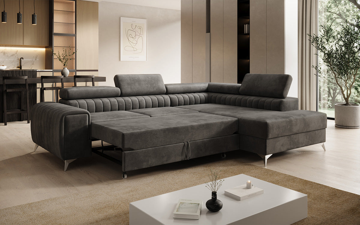 Canapé d’angle design Aurea avec fonction couchage et fonction rabattable en Velours