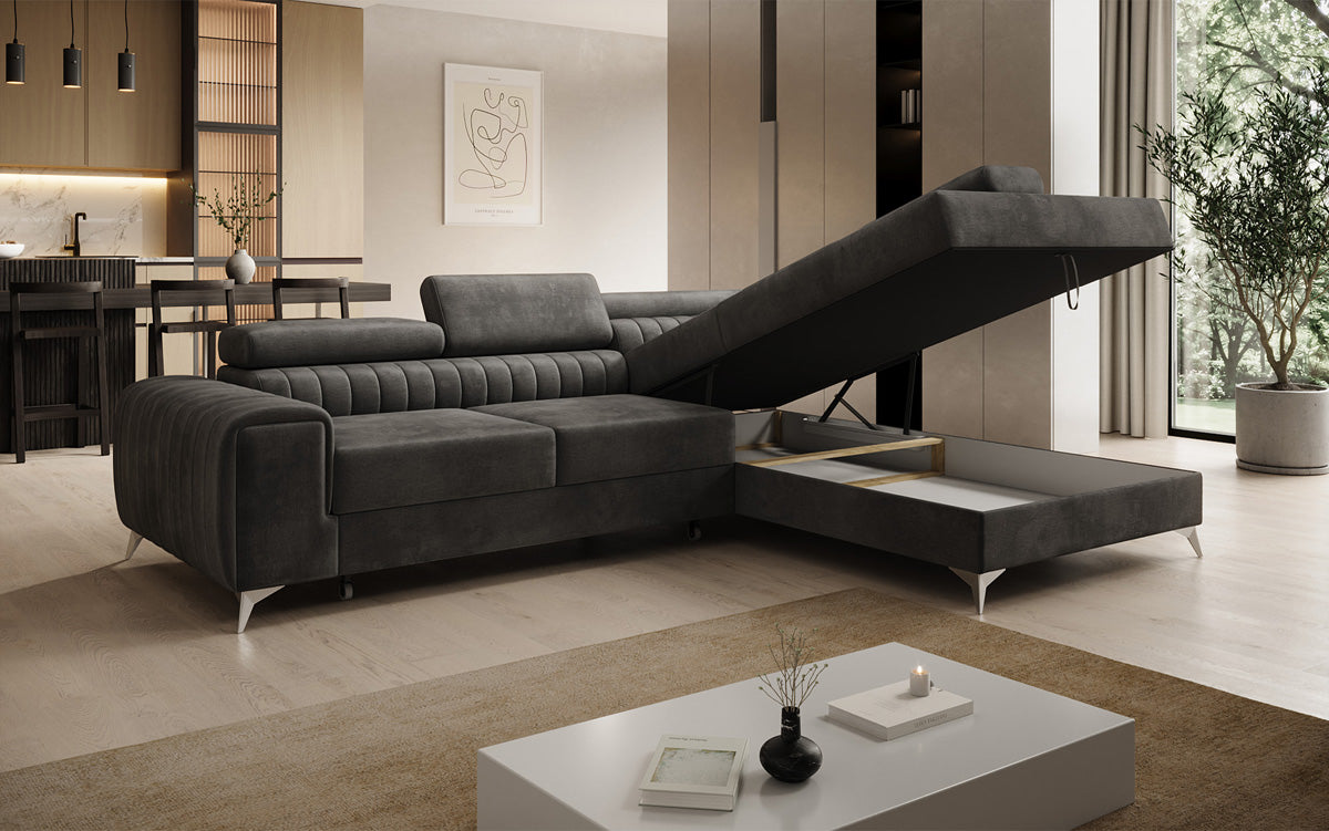 Canapé d’angle design Aurea avec fonction couchage et fonction rabattable en Velours