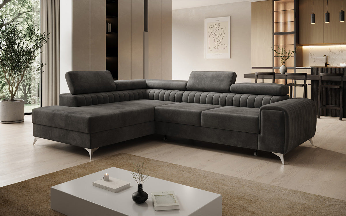 Canapé d’angle design Aurea avec fonction couchage et fonction rabattable en Velours