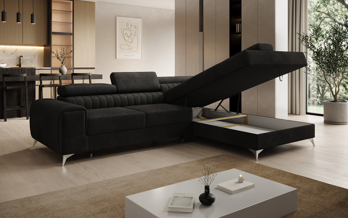 Canapé d’angle design Aurea avec fonction couchage et fonction rabattable en Velours