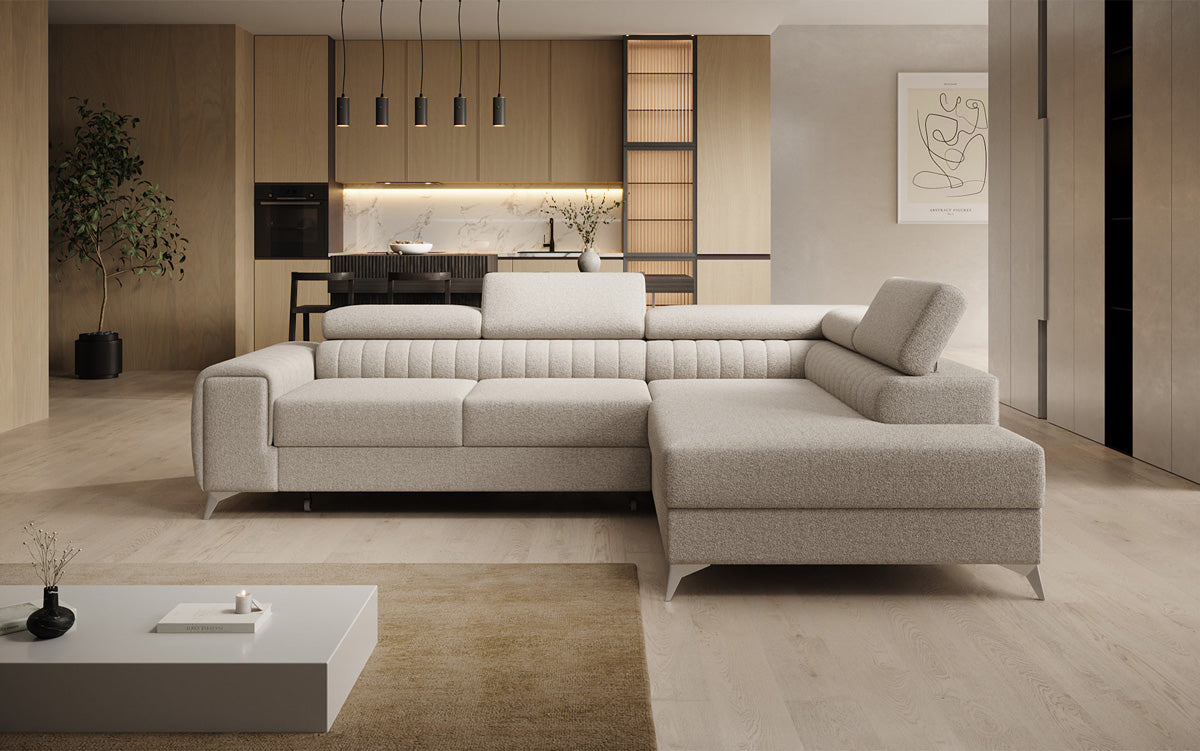 Canapé d’angle design Aurea avec fonction couchage et fonction rabattable en Bouclé