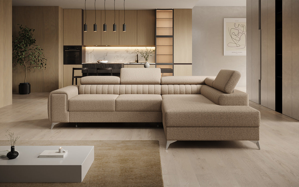 Canapé d’angle design Aurea avec fonction couchage et fonction rabattable en Bouclé