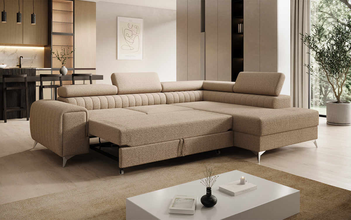 Canapé d’angle design Aurea avec fonction couchage et fonction rabattable en Bouclé