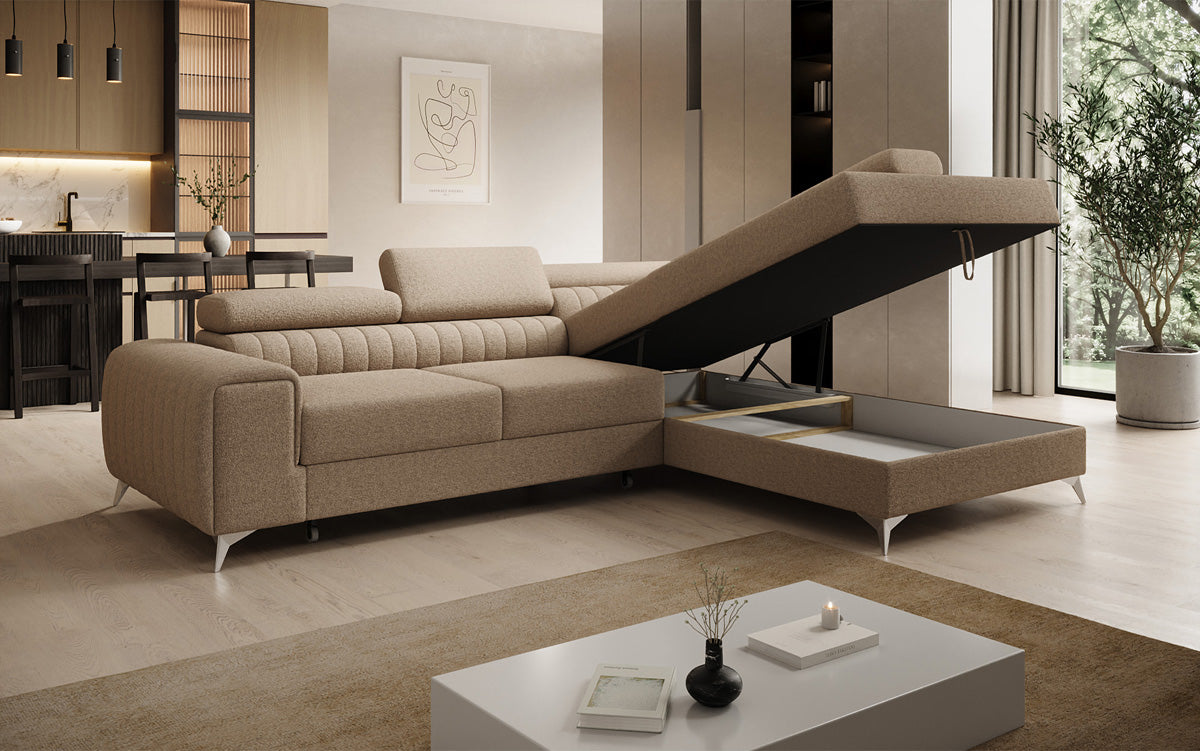 Canapé d’angle design Aurea avec fonction couchage et fonction rabattable en Bouclé