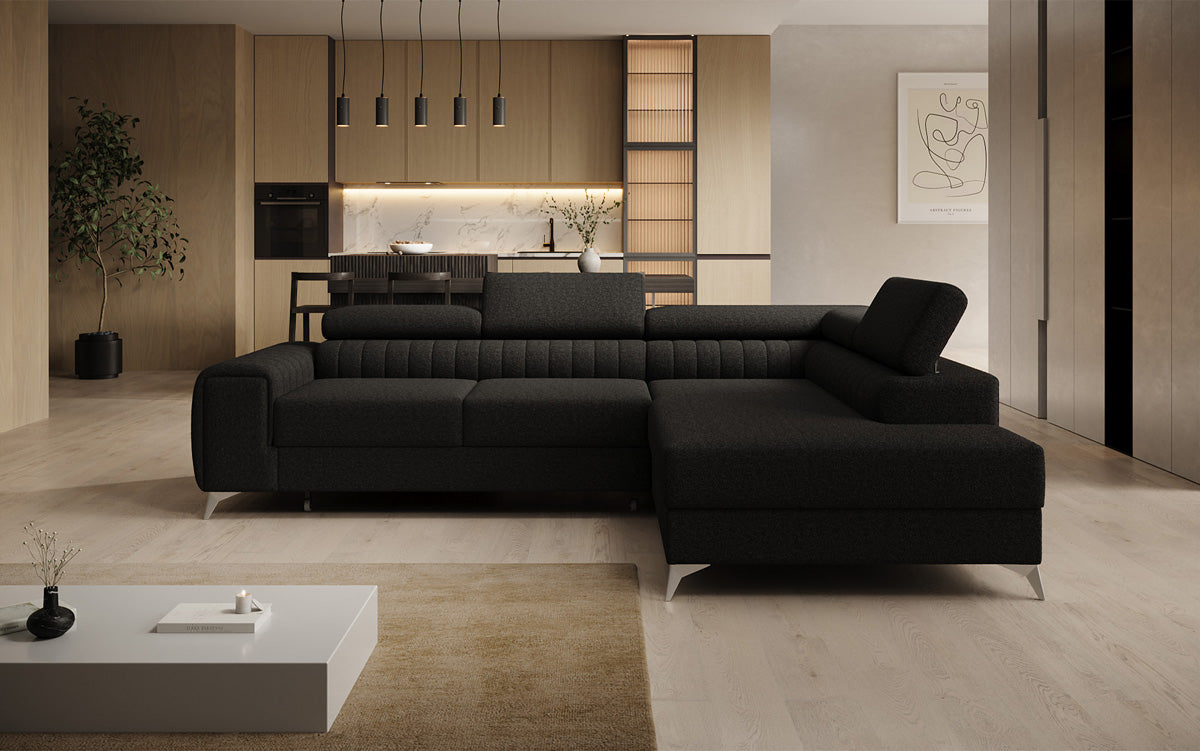 Canapé d’angle design Aurea avec fonction couchage et fonction rabattable en Bouclé