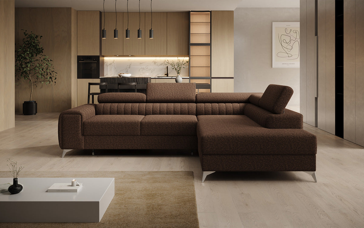 Canapé d’angle design Aurea avec fonction couchage et fonction rabattable en Bouclé